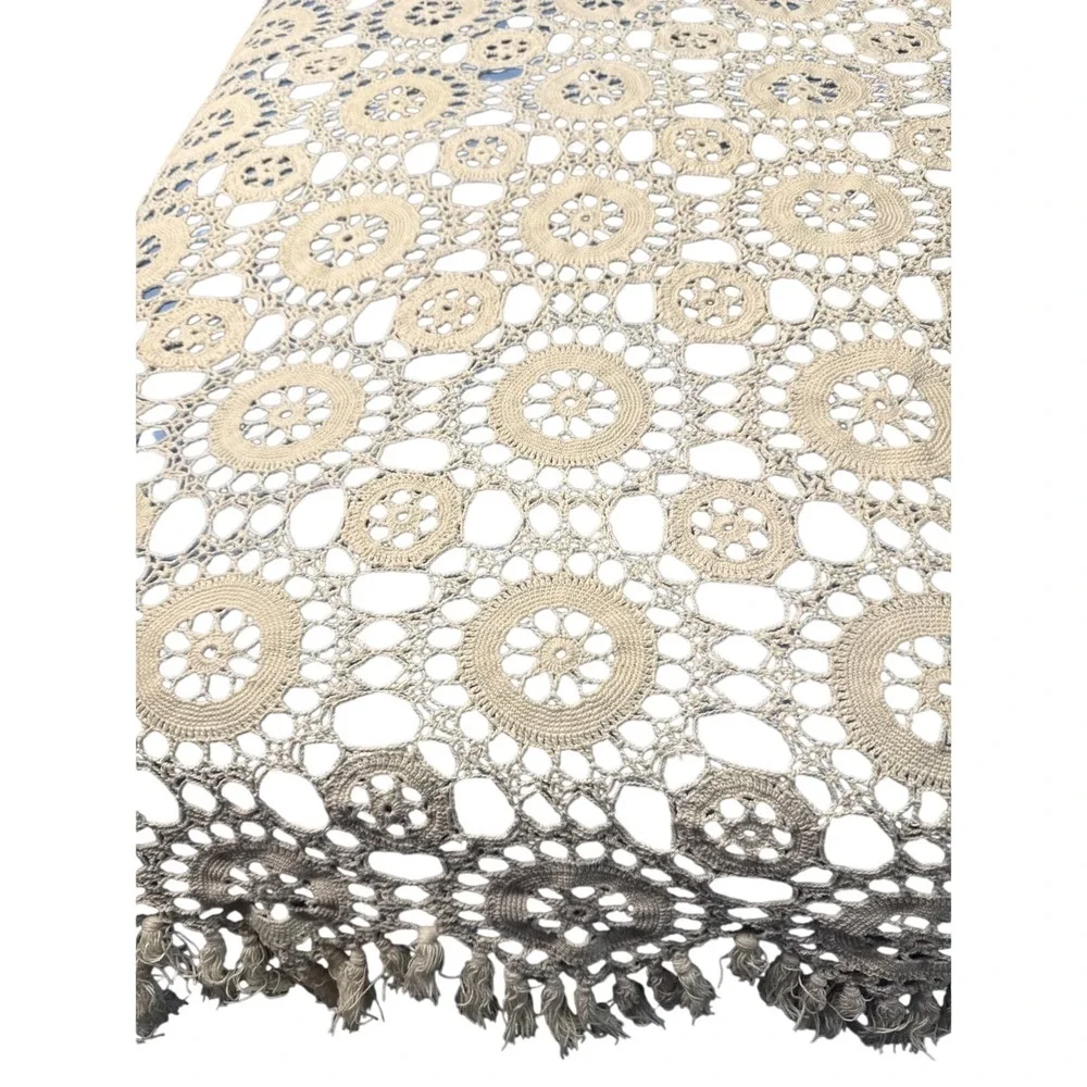 Handmade Vintage Crochet Lace Tablecloth, Ivory/Off White,Boho  68x98 Prairie
